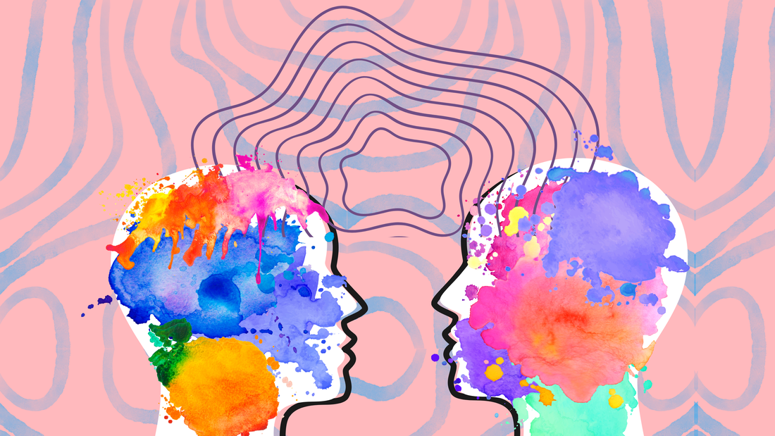 Ilustração de duas cabeças conectadas por ondas